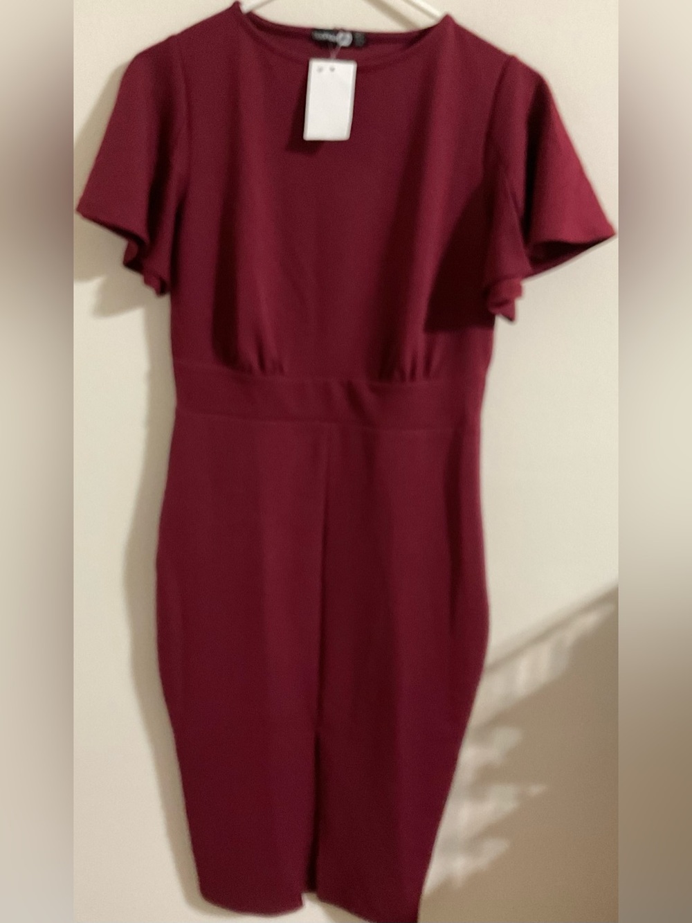 NWT - Boohoo Women's Burgundy Short Sleeve Front Slit Sheath Dress, Sz 10